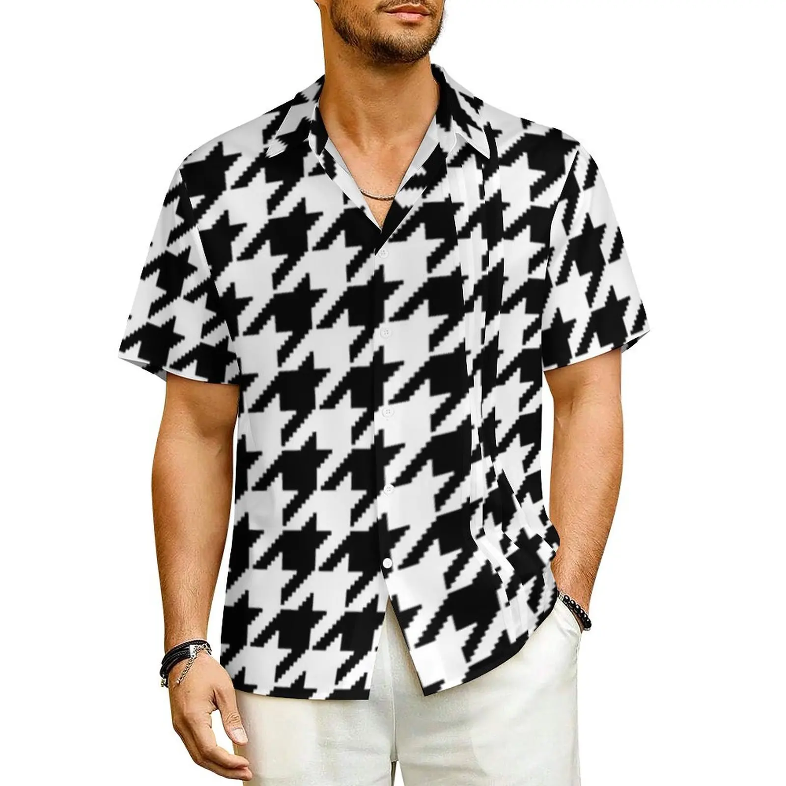 

Houndstooth Pixel Hawaiian Shirt For Male Beach Black And White Casual Shirts Short Sleeve Street Vintage Oversized Blouses