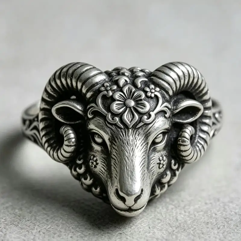 Vintage-Ring mit silberfarbenem Widderkopf, geschnitzter Blumenring mit Widdermotiv, gotischer Tier-Punk-Schmuck, zartes Geschenk für Männer und Frauen, Party-Accessoire. – Detail 5