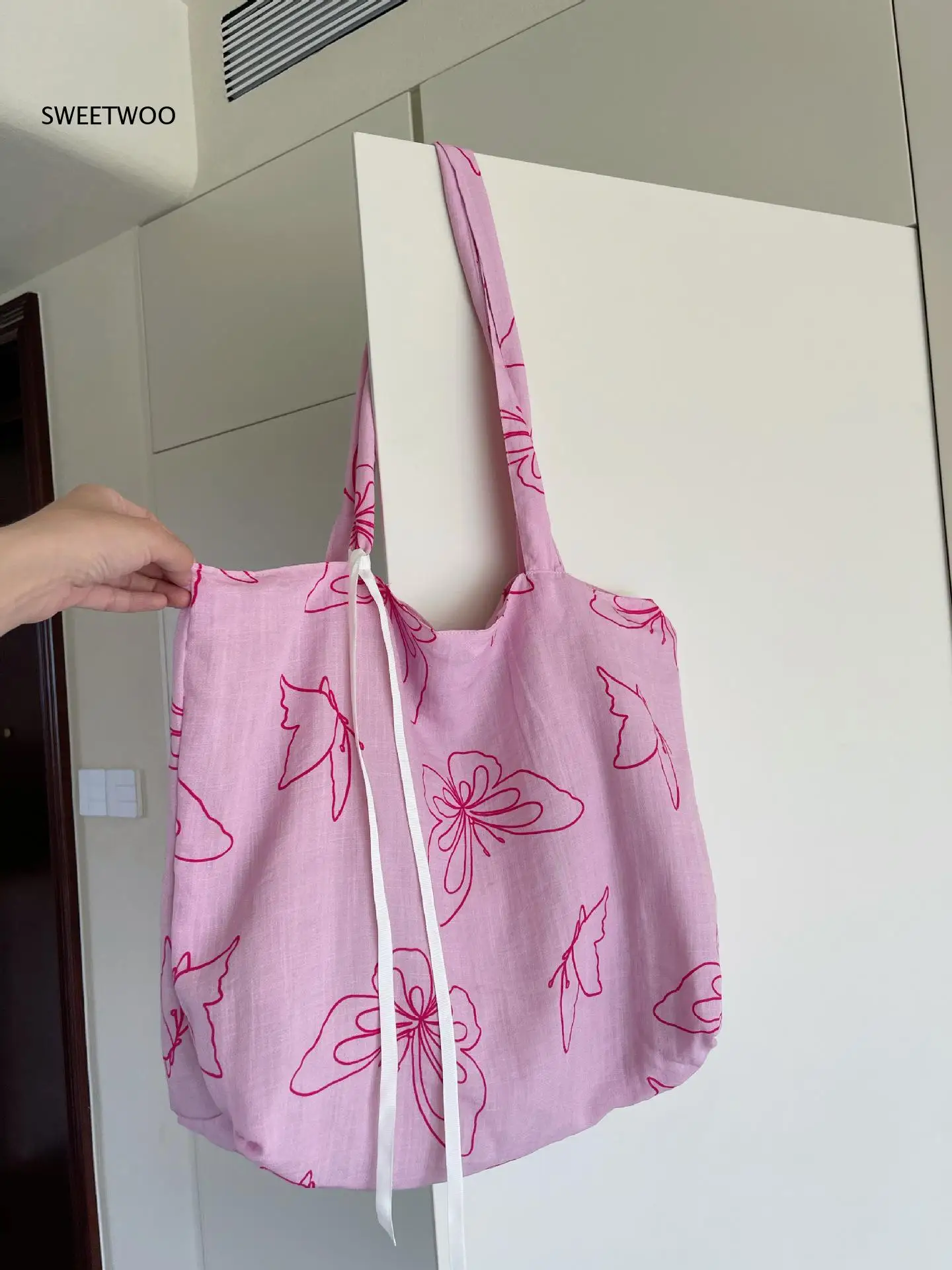 2026 Bamboo Linen Butterfly Print Tote Bag Drawstring Closure Pink Girly Large Capacity Casual Shoulder Purse