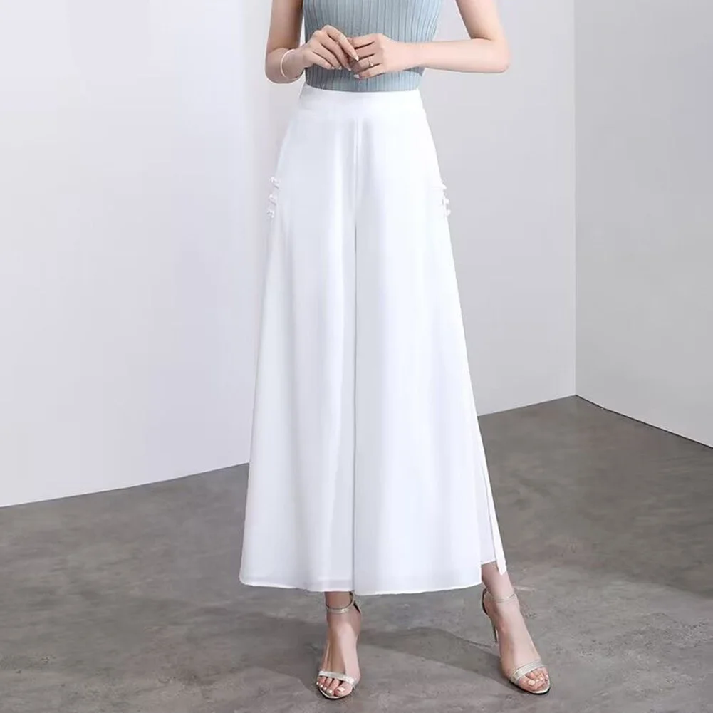 Chiffon Side Slit Trousers Chinese Style Pants Regular Length Trousers Solid Color Design Suitable For Holidays