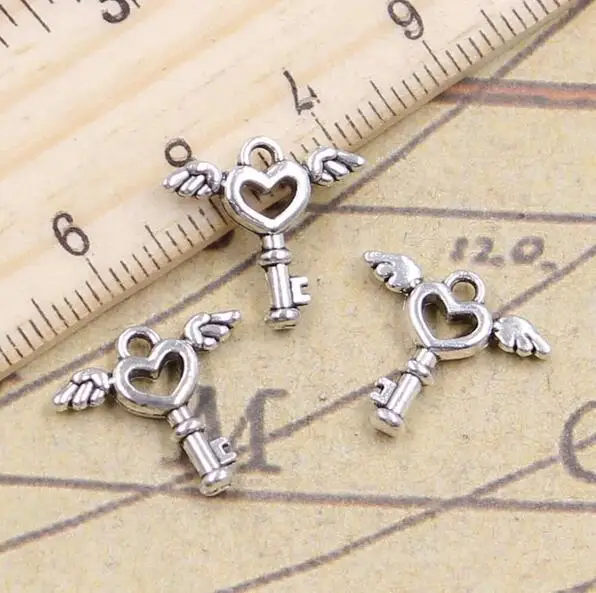 30pcs 14x14mm  Alloy Charms Fly Wing Heart Key Pendants EF3626