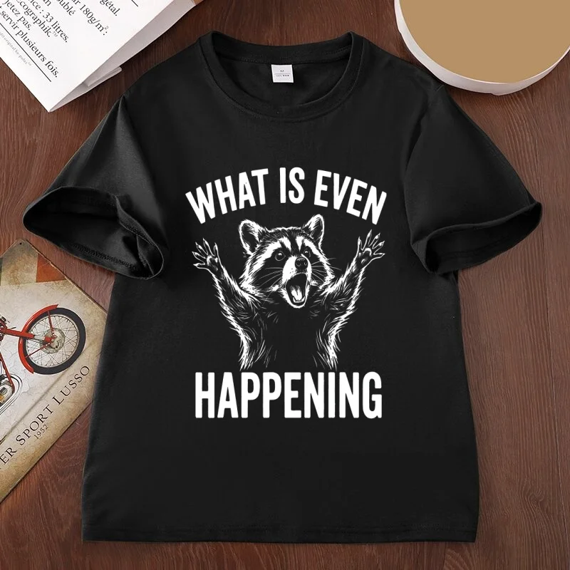 What Is Even Happening Raccoon T Shirt Funny Confused Raccoon Tee Sunset Animal Humor T-Shirts Cotton Short Sleeve Tshirts