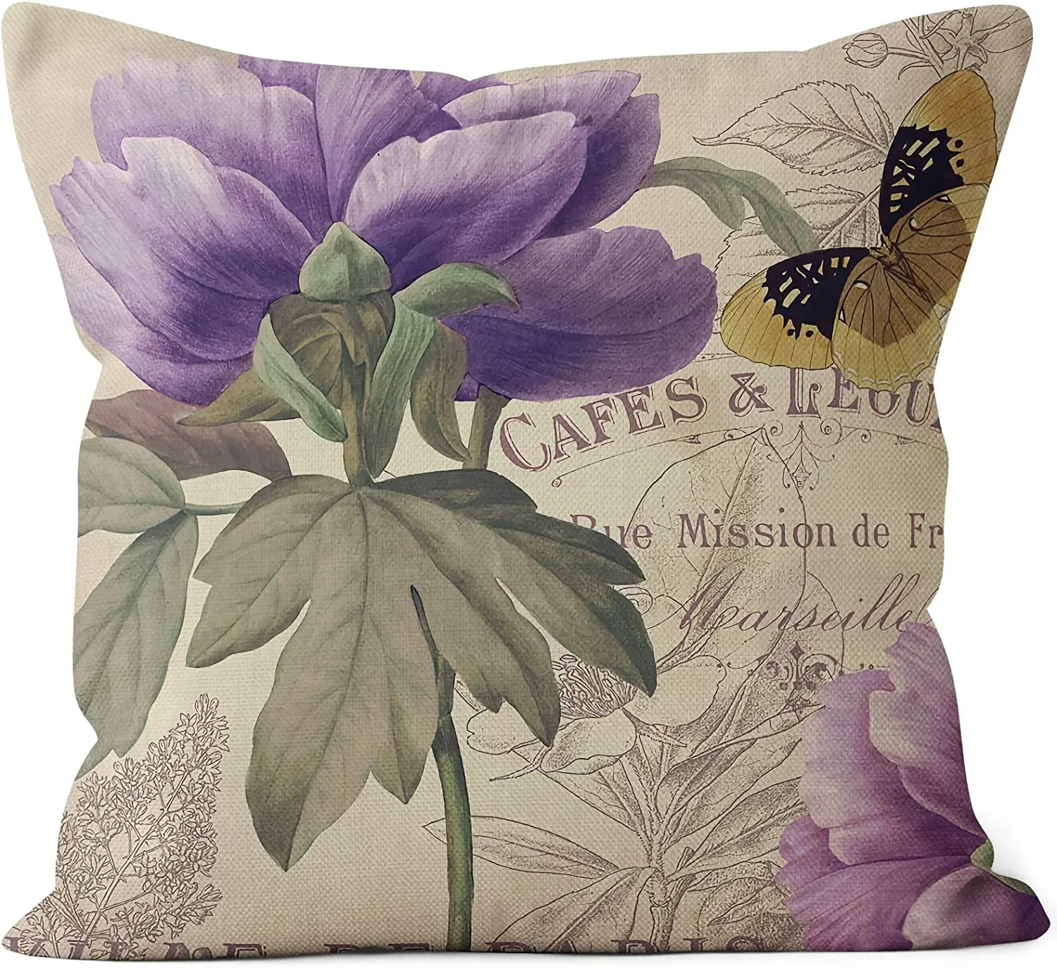 Vintage Purple Flower Linen Cushion Cover for Car Living Room Sofa Bedroom Home Decor, 40x40 45x45 50x50 60x60 Pillowcase