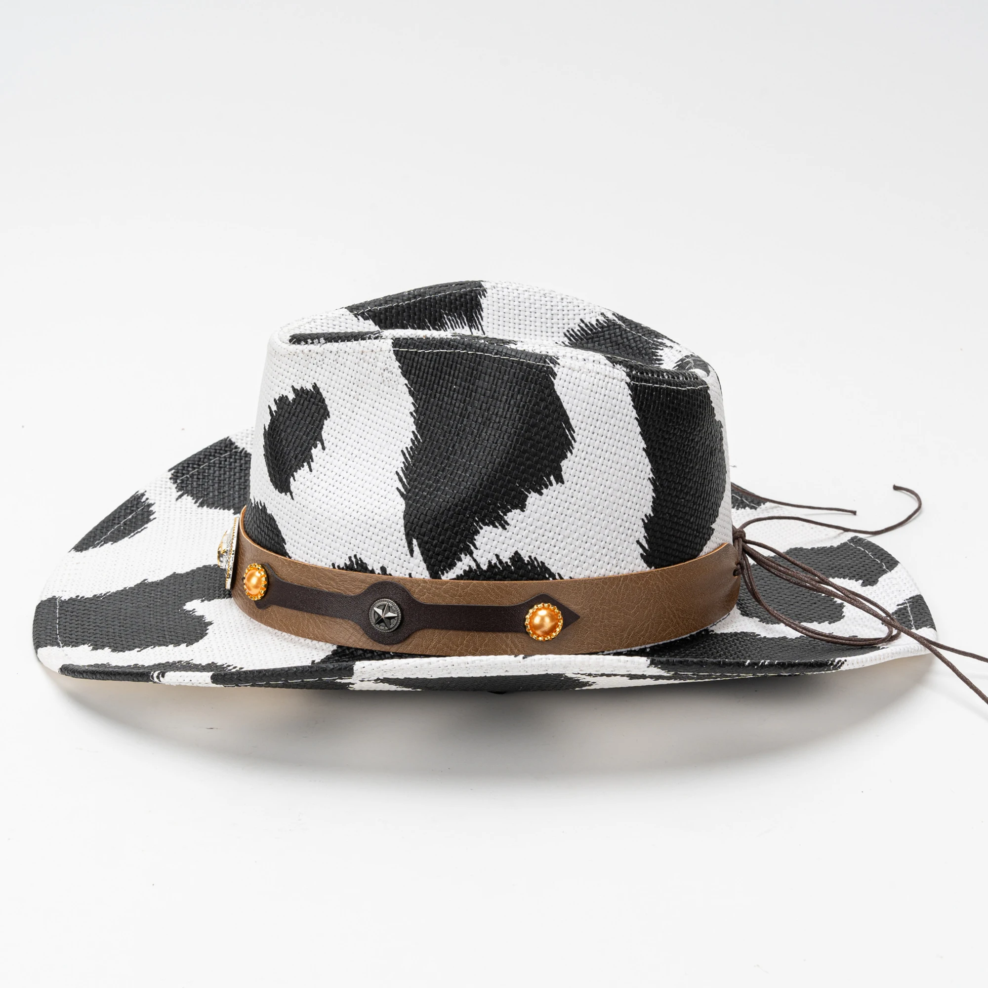 

Men Women Summer Beach Straw Hat with Decorative Belt and Cow Pattern Jazz Style UV Protection Sun Cap for Holiday Cowgirl Hat
