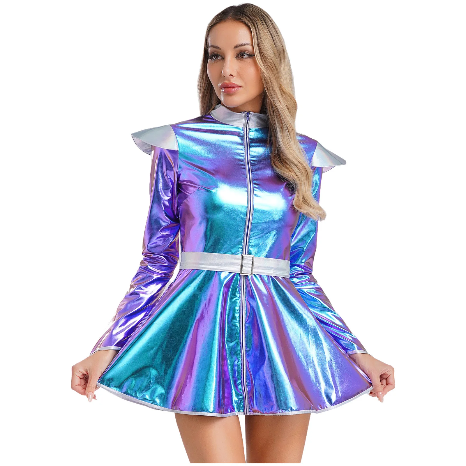 

Women Long Sleeves Shiny Dress with Belt for Alien Outer Space Robot Astronaut Cosplay Costumes Halloween Theme Party Outfits