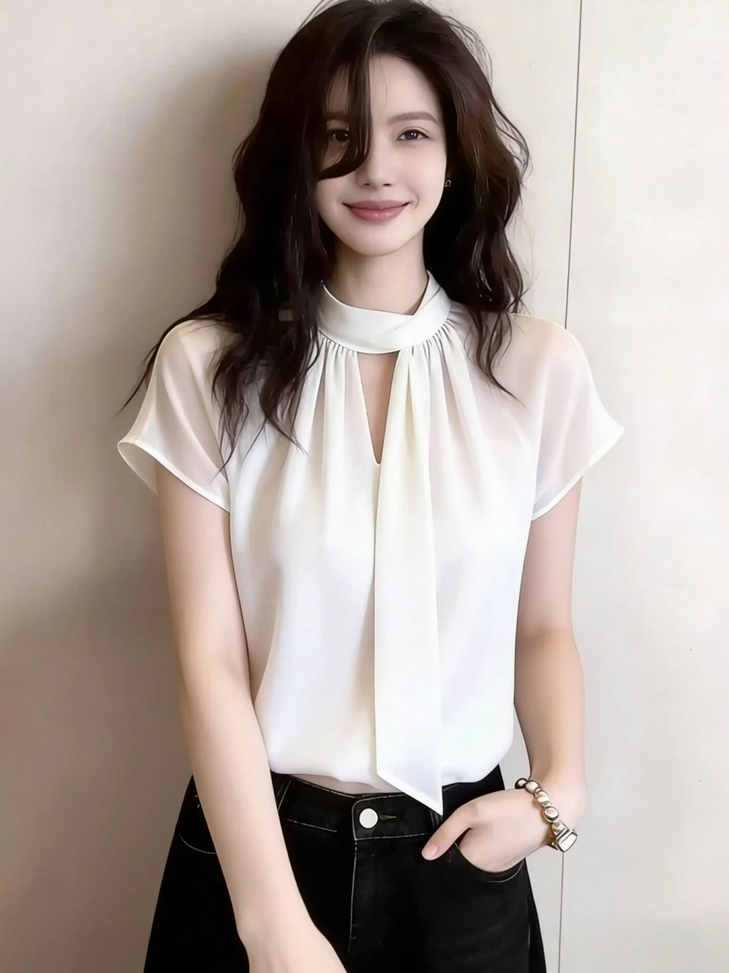 

Elegant Pure Color Summer 2026 Commute Short Sleeve Women's Shirt Minimalist Style Korean Version Straight Cut Silk Top