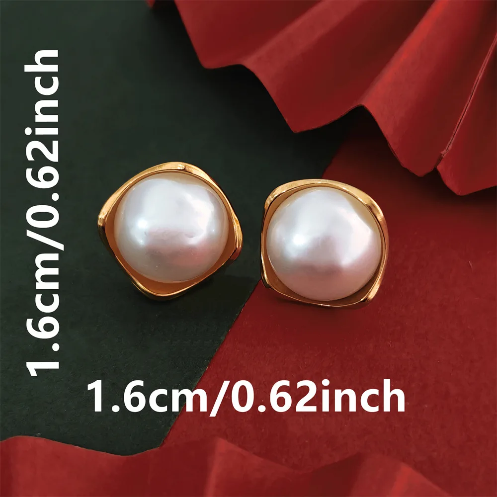 

925 Sterling Silver Mabe Pearl Stud Earrings 15-16mm Seawater Pearl High Grade Elegant Earrings