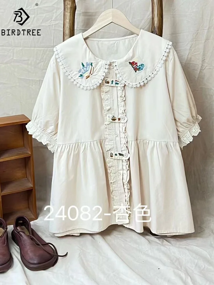 New Summer Cotton Short Sleeve Shirts Peter Pan Collar Embroidery Tops Mori Girl Sweet Retro Loose Blouse 2024 Autumn T465153QM