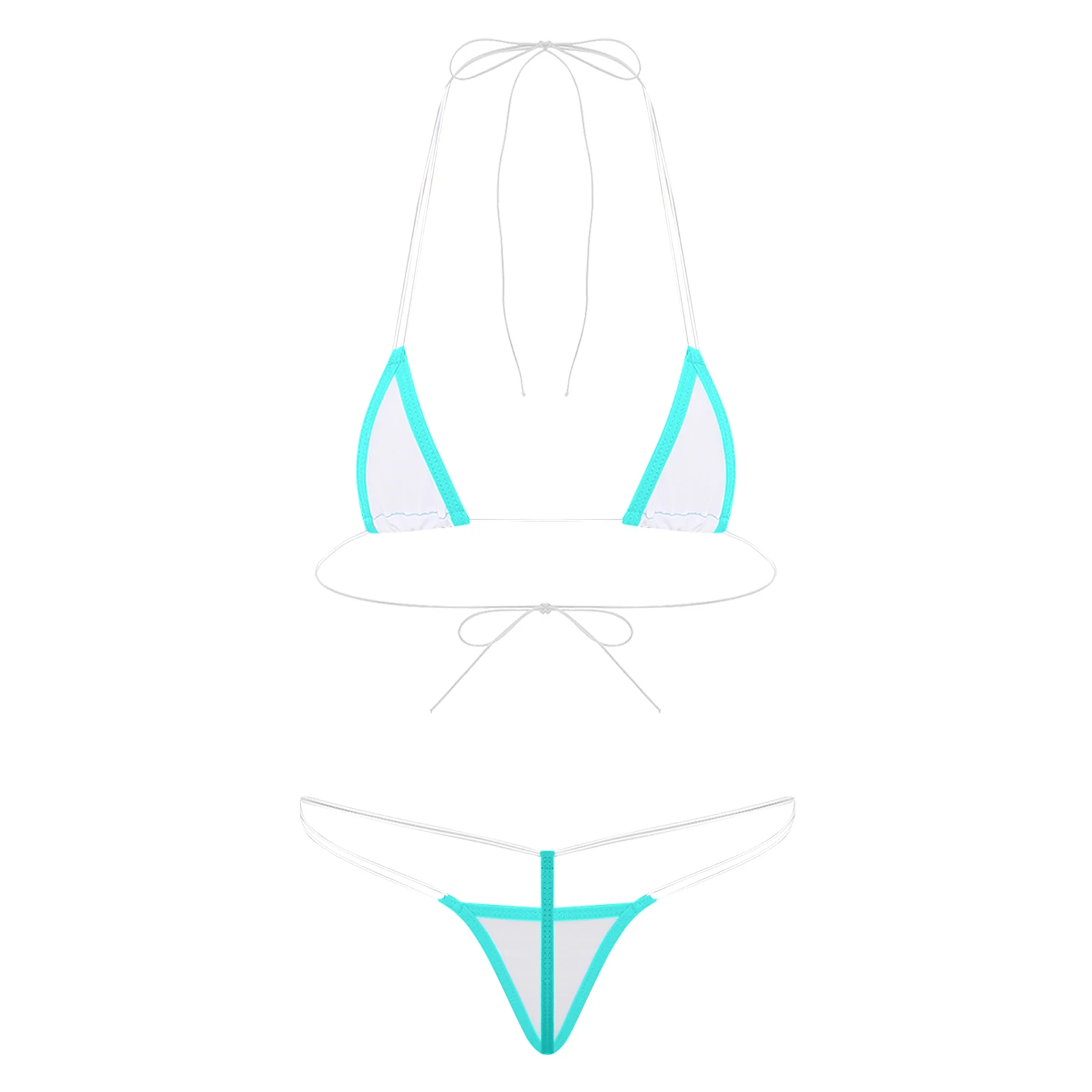 Women Stylish Mini Micro Bikini Beachwear Set 2Pcs Halter Neck Backless Pad-free Bra with Mini Trikini Thong Swimwear Nightwear