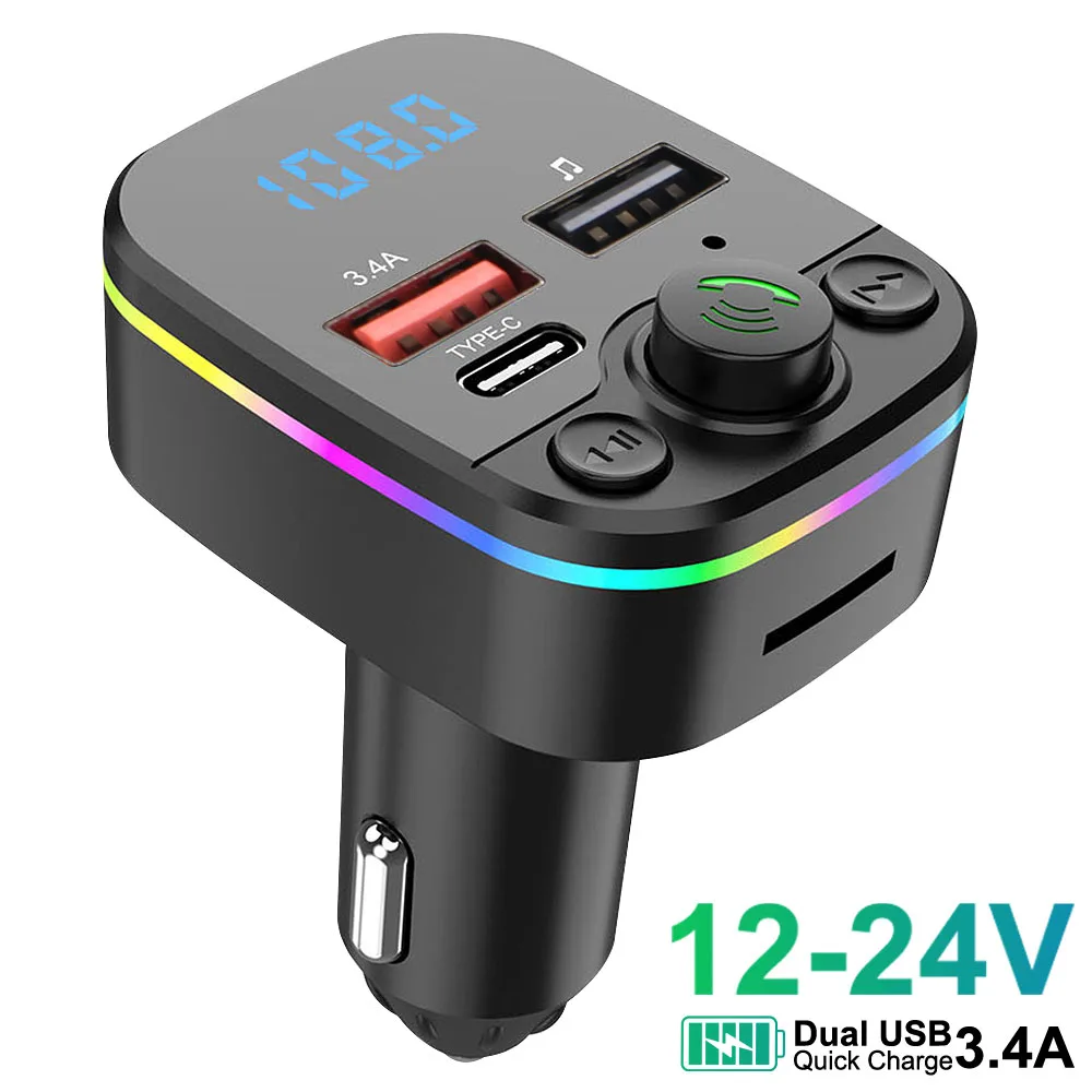 Fast Colorful Charger Bluetooth 5.0 Car FM Transmitter And With Play MP3 Modulator Handsfree Ambient Wireless FM Radio Kit