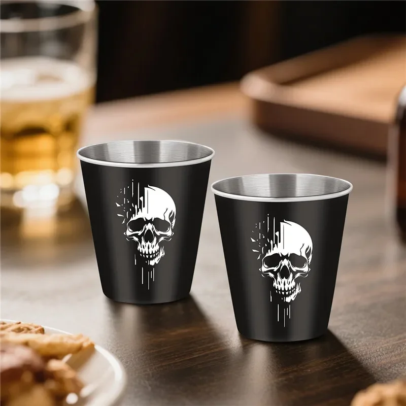 2pcs/set 70ml/2.39oz Aluminum Shot Glasses Gothic Skull Head Pattern Outdoor Hunting Liquor Cups Bar Accessory Wedding Gift Set