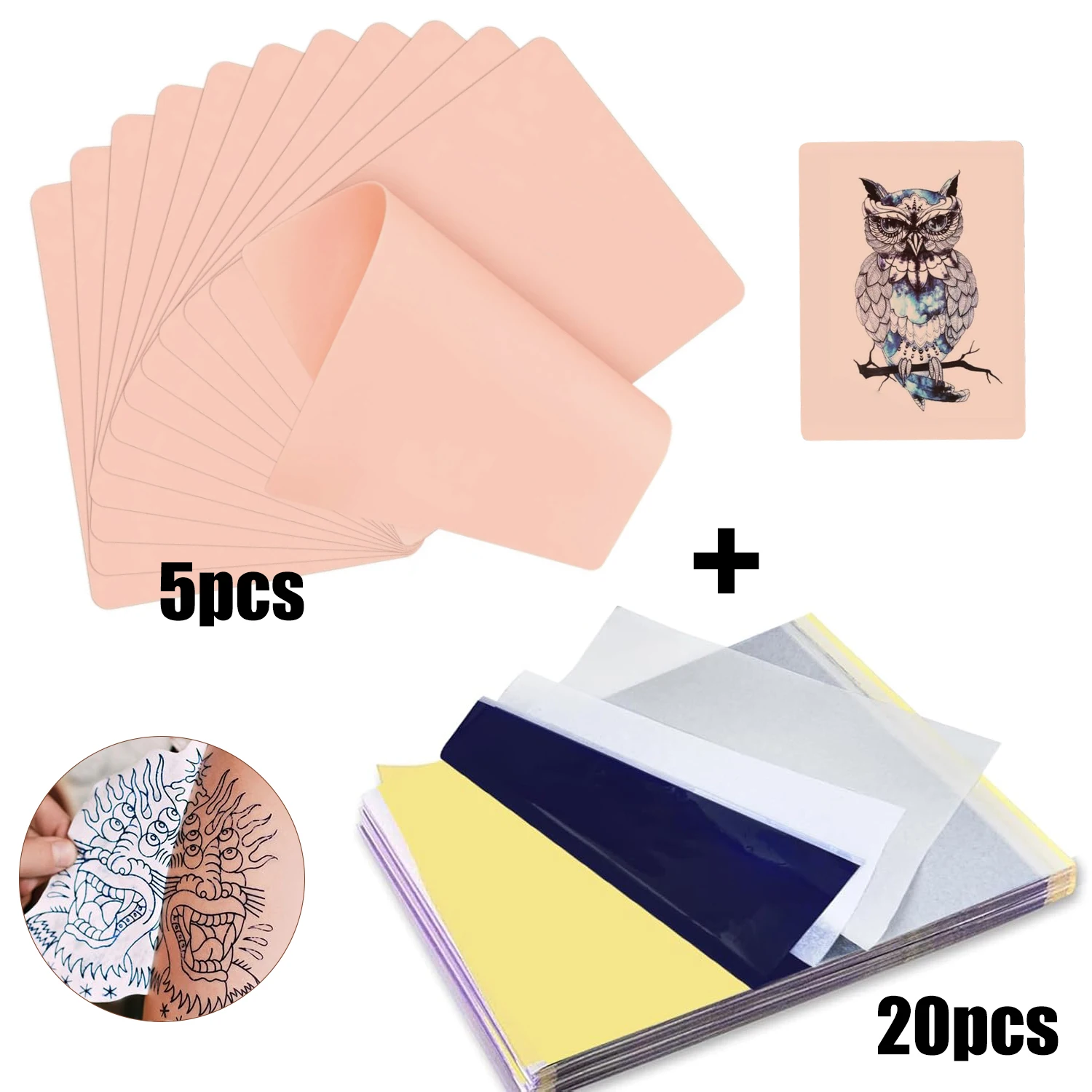 

25pcs Blank Tattoo Practice Skin and Transfer Paper Kit Include 5pcs Fake Skins and 20pcs Tattoo Stencil Paper for Beginners
