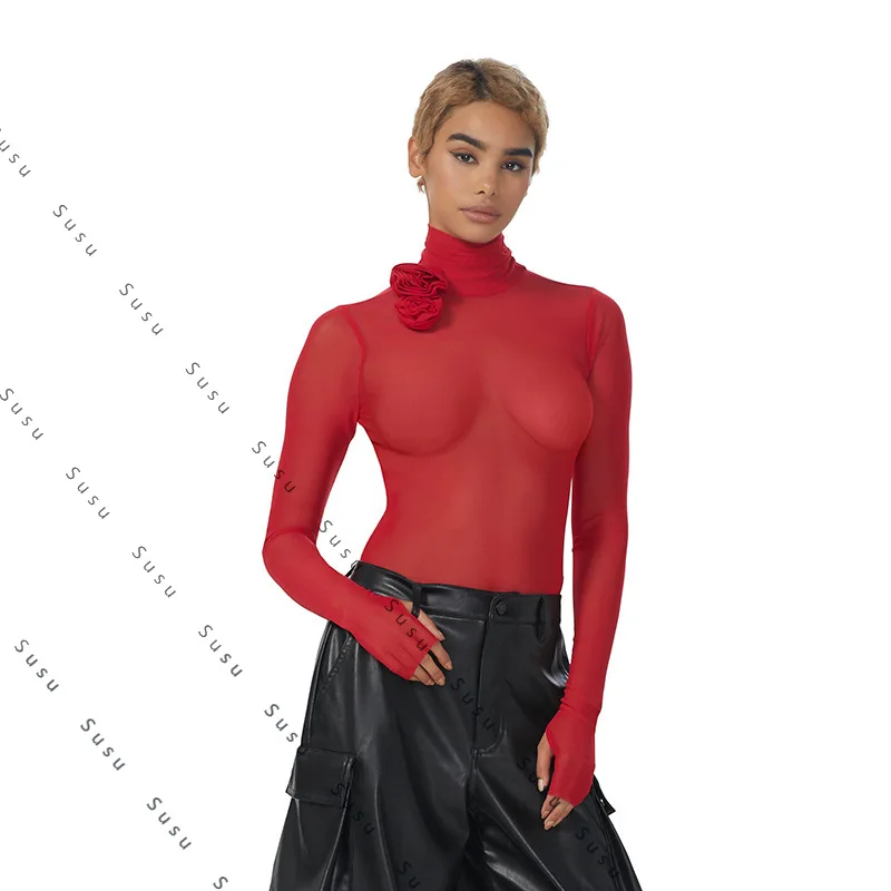 

2025 new European and American women's clothing semi-turtleneck long-sleeved finger flower mesh tight-fitting high-elastic sexy