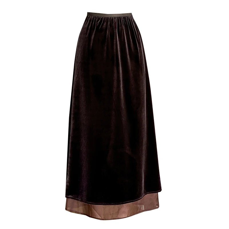 Jupe longue femmes 2025 automne hiver nouveauté taille haute élastique jupe marron ou noire avec jupes en velours Ling femmes