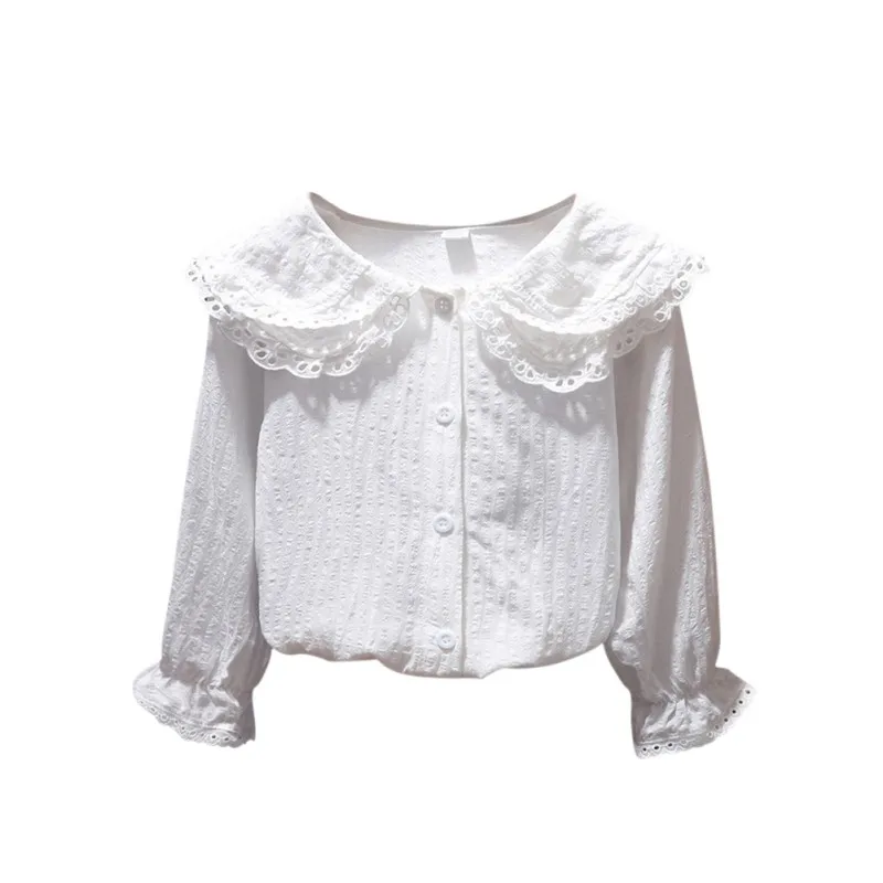 Girls Fashion White Blouses Children New Style Lapel Blouse Flared Sleeves Tops Kids Long-Sleeved Cotton Lace Casual Blouses