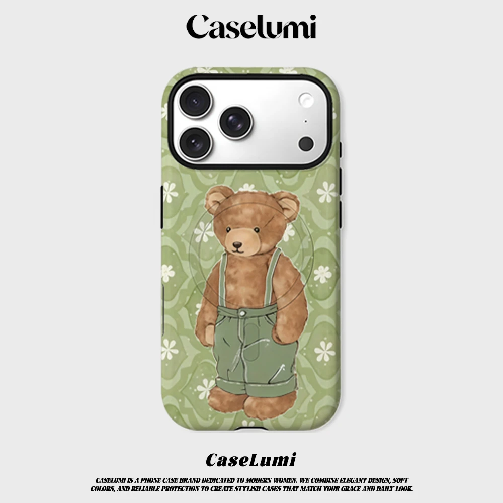 CaseLumi Matte Bumper For Magsafe Case For iPhone 17 16 15 14 Plus 13 Pro Max Shockproof Hard PC Teddy Bear in Overalls Cover