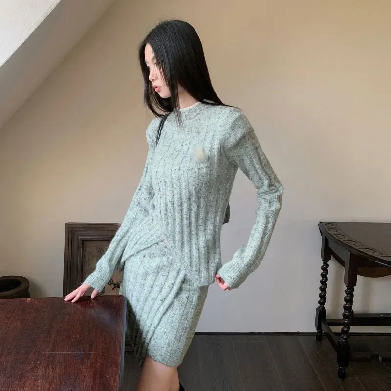 Vintage Y2K Knitted Skirts 2 Piece Set Pullover Pad-shoulder Slim Sweater Tops with Mini Skirt Suits for Women Aesthetic Outfits