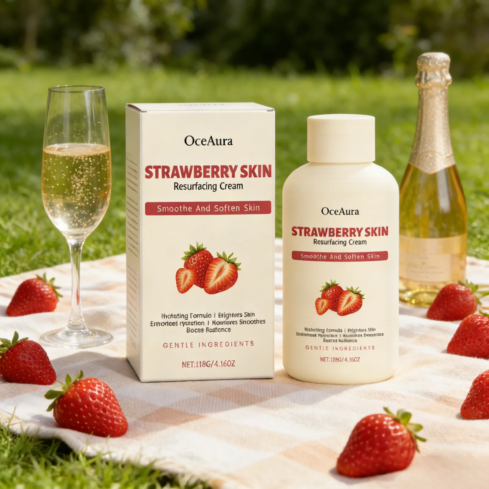 OceAura Strawberry Body Cream Salicylic Acid for Acne Remover Lighten Skin Resurfacing Glycolic Acid Moisturizing Body Cream