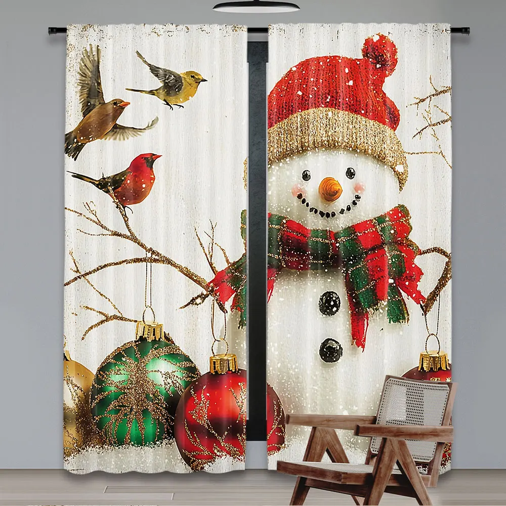 2Pcs Christmas Curtain Snowman With Hat And Elements Colorful Jolly Holiday Theme Suitable For Living Room Bedroom Kitchen