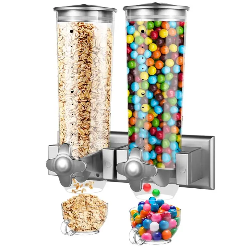 Dual-Headed Wall-Mounted Cereal Dispenser 3L Dry Food Dispenser Wall Mounting Candy Dispenser Grain Wall Dispensing Canister