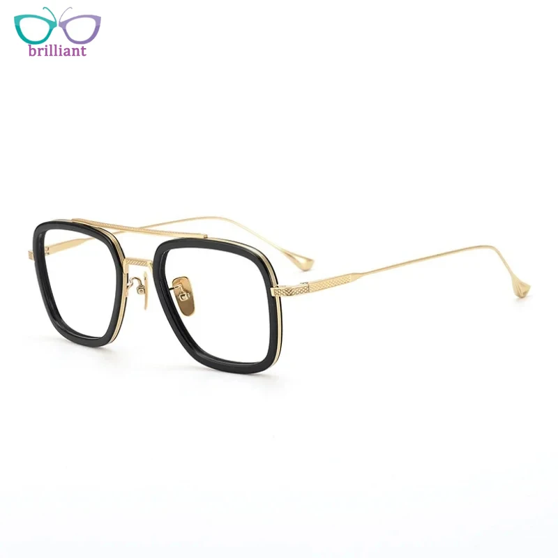 Black Gold Men Plus Size Glasses Frame New Fashion Double Beam Square Titanium Acetate Myopia Optical Women Prescription Eyewear