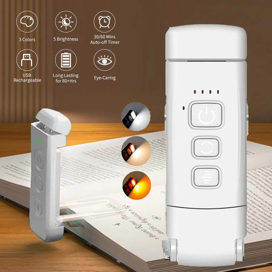 

Mini Clip-on LED Book Light 3 Colors 5-Level Timer USB Rechargeable Eye Protection Reading Light Portable Bookmark Night Lamp