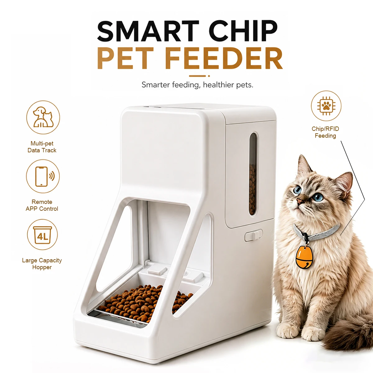 4L Smart  Chip Identification WiFi APP Control Automatic Pet Feeder For Multi Pet Families Dual Power Supply