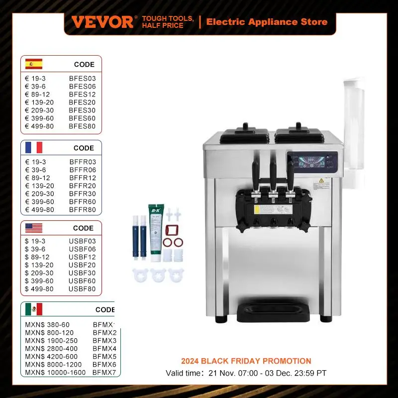 

VEVOR Commercial Ice Cream Machine 18-28 L/H Yield 1850W 3-Flavor Countertop Soft Serve Ice Cream Maker Stainless Steel Cylinder