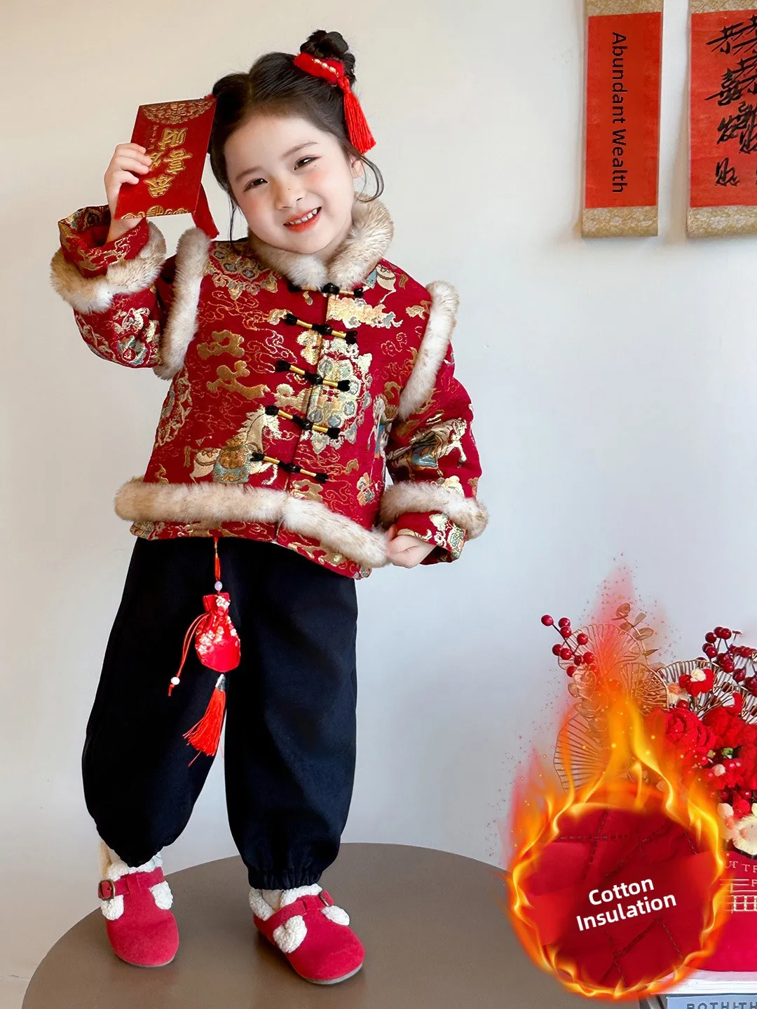 

Красный хлопковый детский костюм Тан, одежда для выступлений, новогодняя зимняя одежда M Fem Kids Hanfu