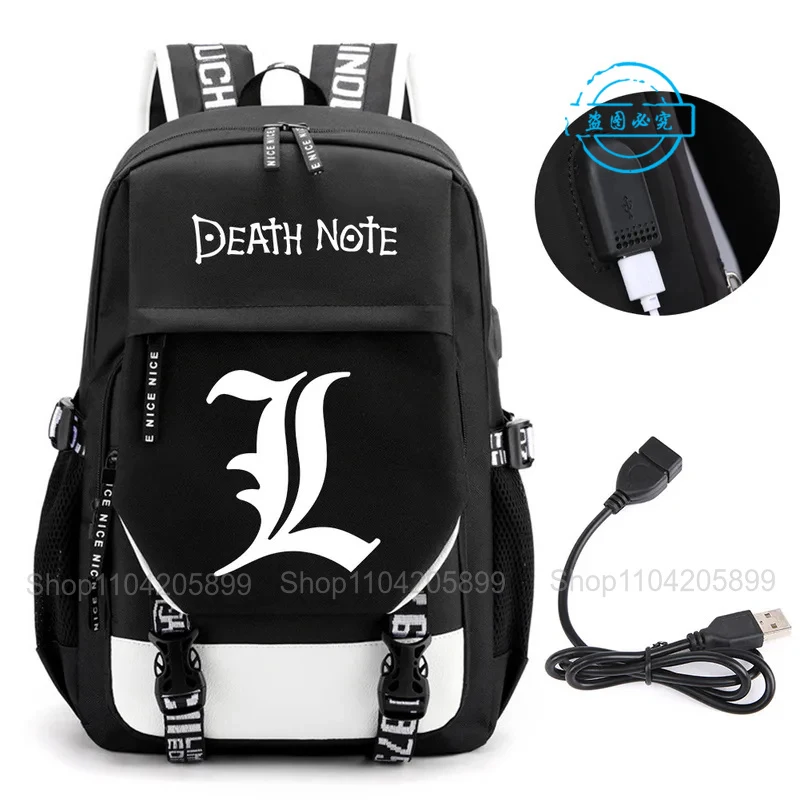 Death Note Backpack Anime Mochila Student School Book Bags Travel USB Port Black Bag Laptop Boys Gift