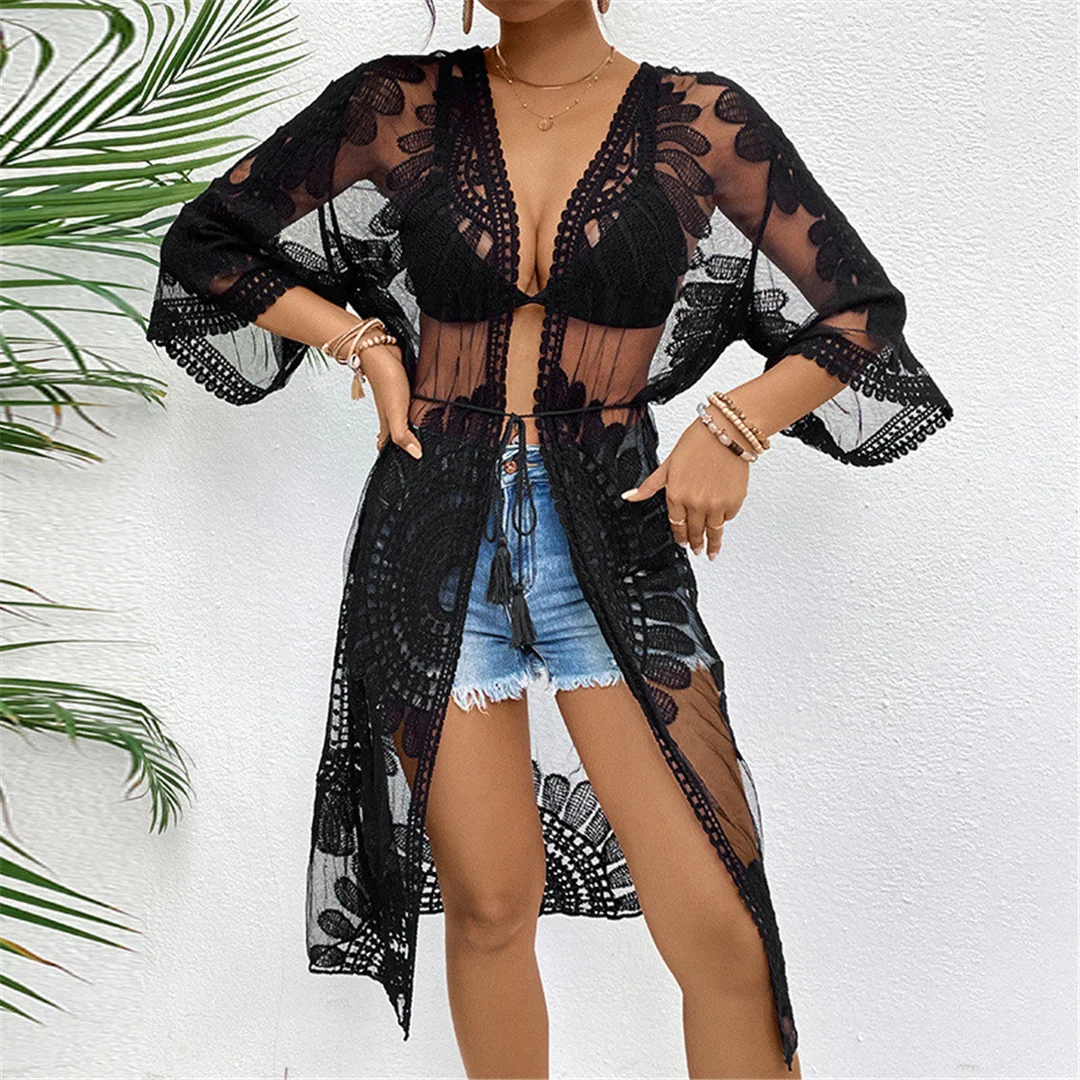 Sexy, bestickte, halblange Chiffon-Strickjacke, Tunika, Strandkleid, Strandmode, Damen, V5510 – Detail 9
