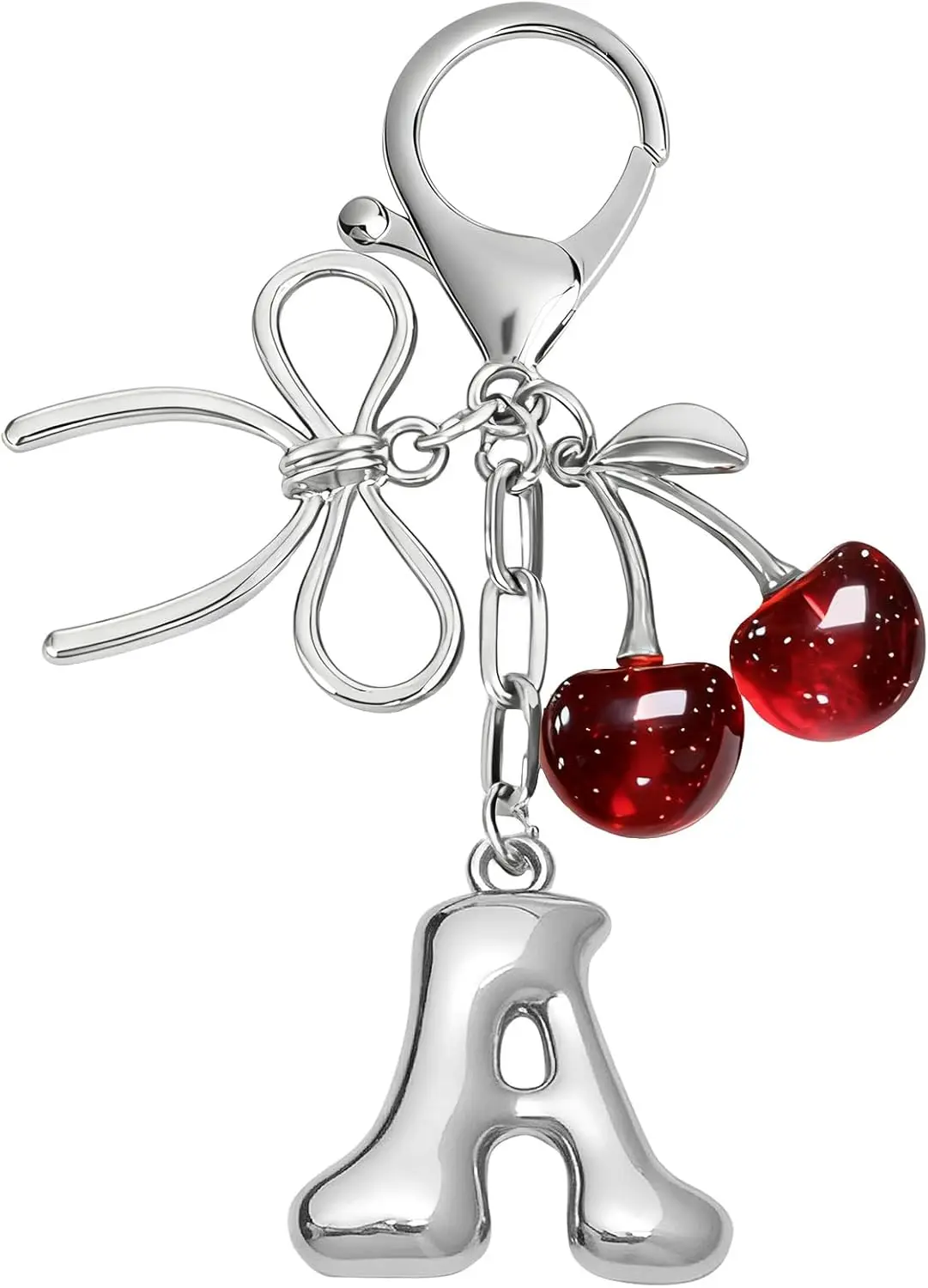 

Bubble Initial Keychain with Bow and Cherry Silver Letter Bag Charm Cute Purse Accessory for Women