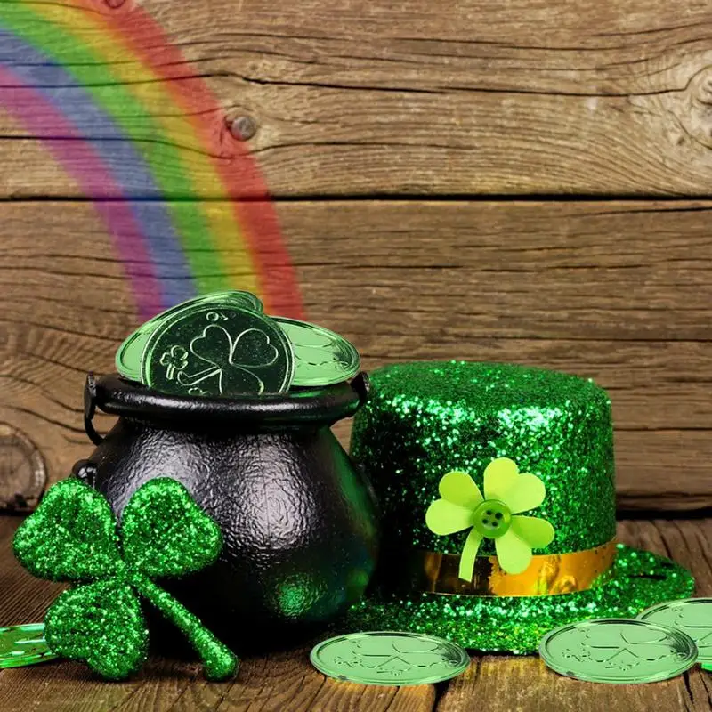 St Patricks Day Co in Black Pots St Patrick's Day Party Decoration Supplies 50 Plastic Gold Clover Co ins Little Witch Candy Jar