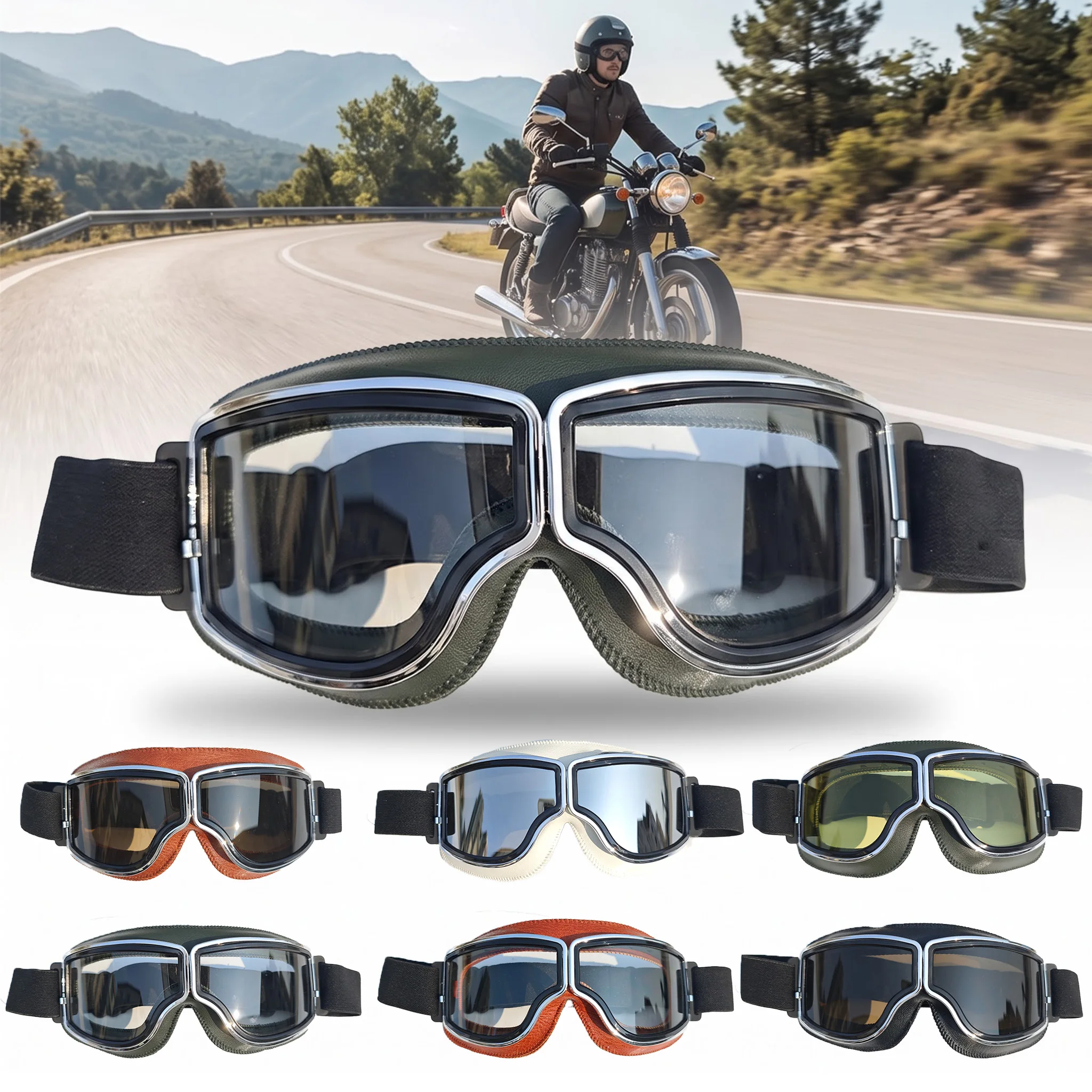 Leather Motorcycle Goggles, Soft Frame, Reserved Vents, HD Lens, Windproof, for Moto, Cycling, ATV, Skiing, Cosplay