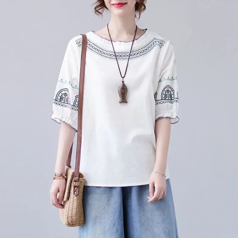 Retro Ethnic Style Embroidery Ruffle Chic Cotton Linen Ladies Tops Blouses Summer Round Neck Loose Half Sleeve Shirts for Women