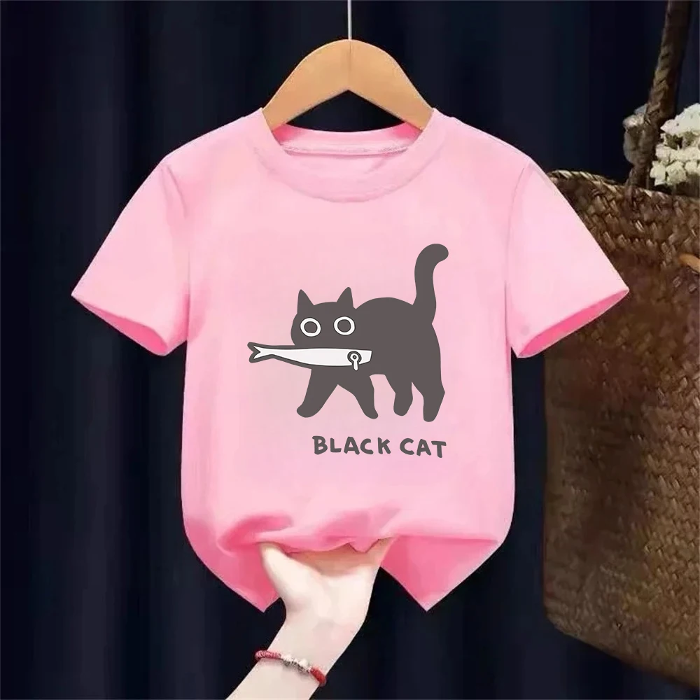 Fun A Black Cat Eating Fish Japanese Style Kids T-Shirt Fashion Print T Shirt Breathable T-Shirts Cotton Clothes Tops