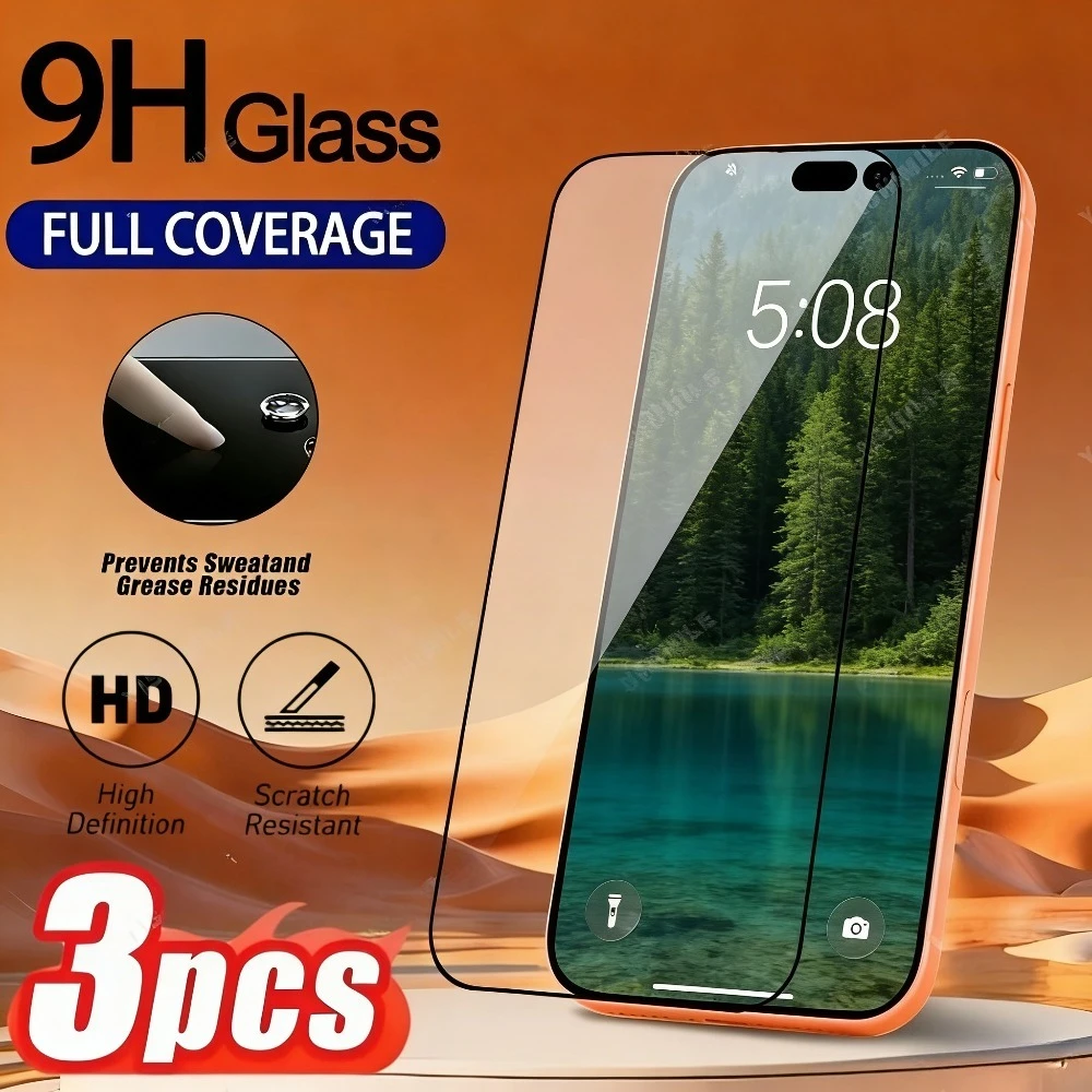 

3Pcs Full Cover Tempered Glass for iPhone 17 16 15 14 Pro Max 15 14 Plus 13 12 11 Pro 17e 16e Air Anti-Scratch Screen Protector