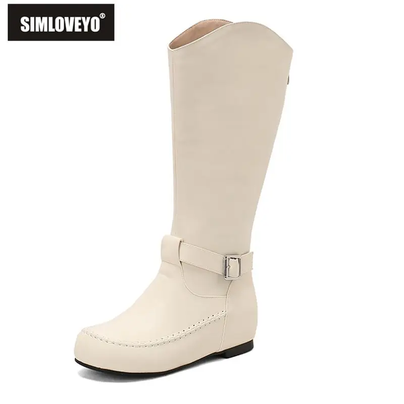 

SIMLOVEYO New Female Mid Calf Boots Round Toe 3.5cm Increased Heel Back Zipper Belt Buckle Extended Size 41 42 43 44 45 Fall