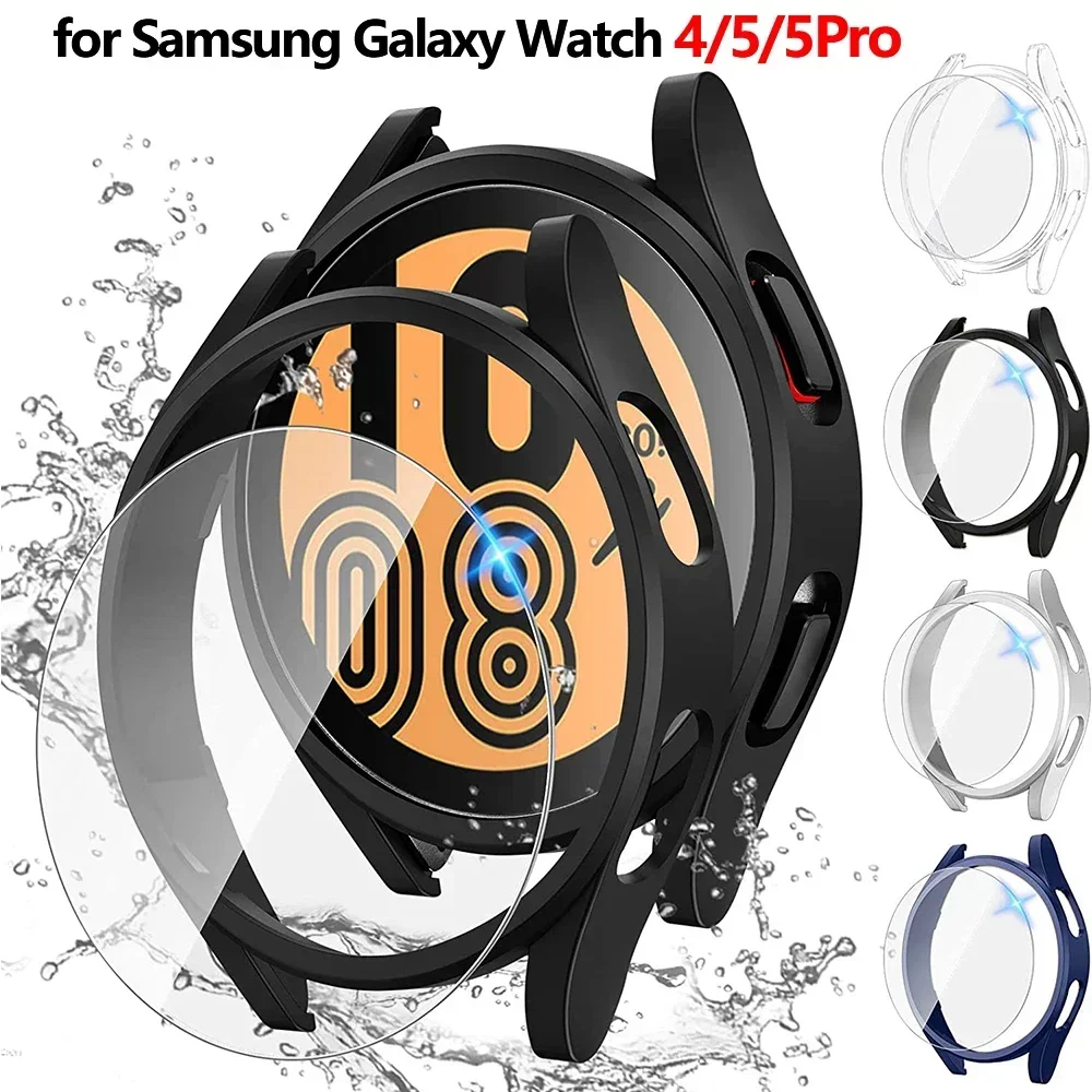 Hülle für Samsung Galaxy Watch 5 4 44 mm 40 mm, Displayschutzfolie, wasserdichtes Glas, hart, PC-Stoßstangenabdeckung für Galaxy Watch 5 Pro 45 mm