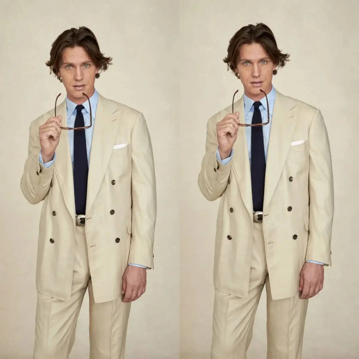 Tailored Trouser Wide - Bej Geniş Sivri Yaka Kruvaze Erkek