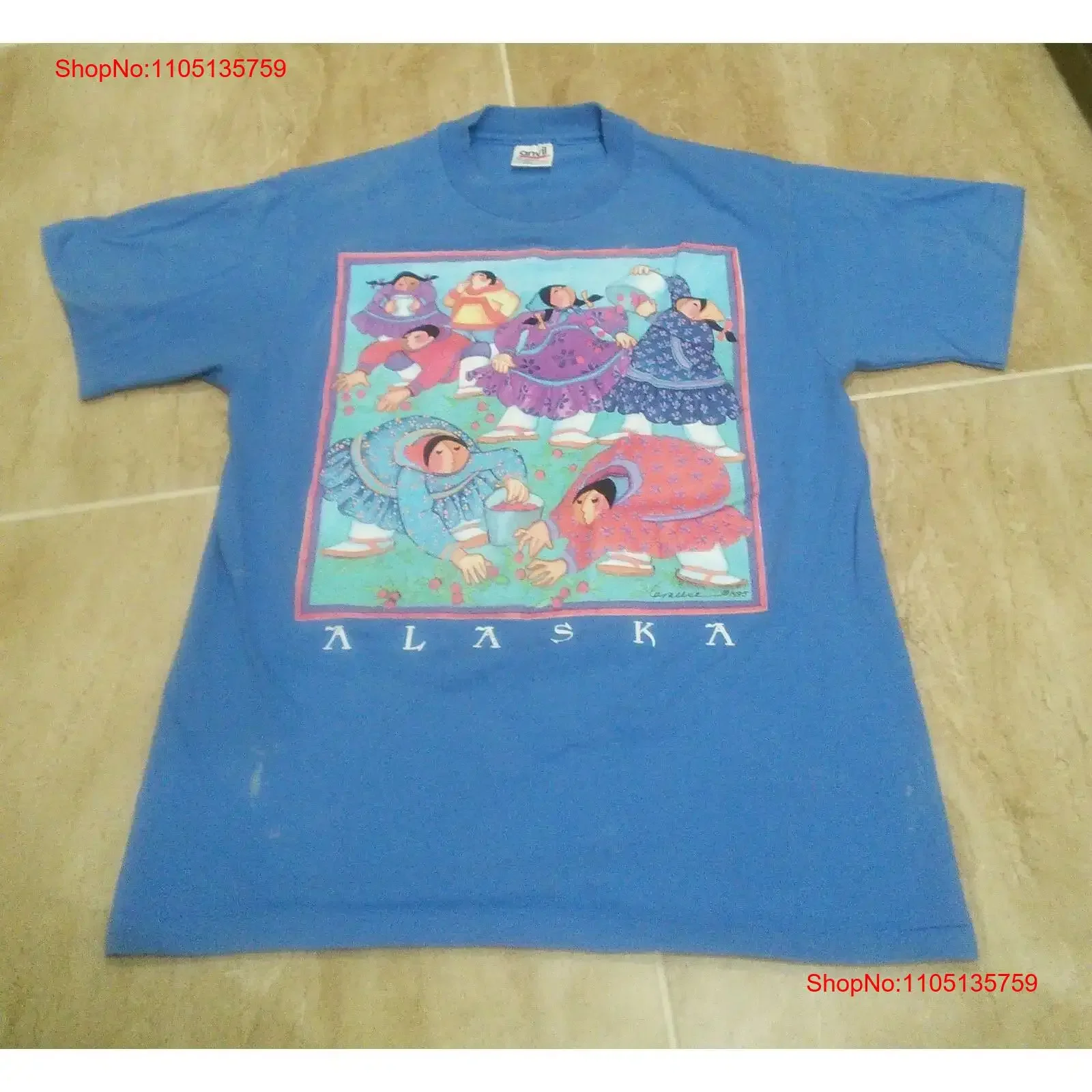 Vintage 90s Alaska T Shirt Art 1995 Indian Inuit Native Blue Sz M vintage Washed graphic Stretched Stylish streetwear fashion