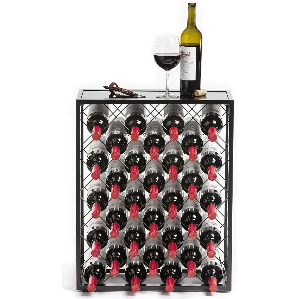 32 Bottle Wine Rack with Black Glass Top Shelf, Free Standing for Home,