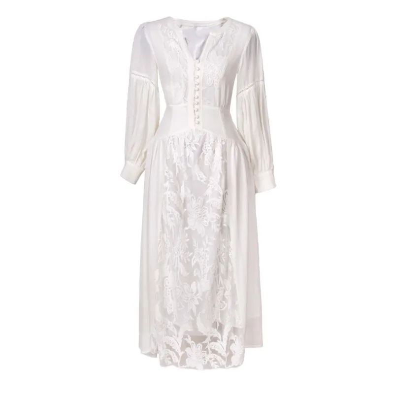 2025 New Spring Summer White Lady Dress Retro Waist Lace Stitching V-neck Dresses Embroidery Boho Long Dress Women Vestiods