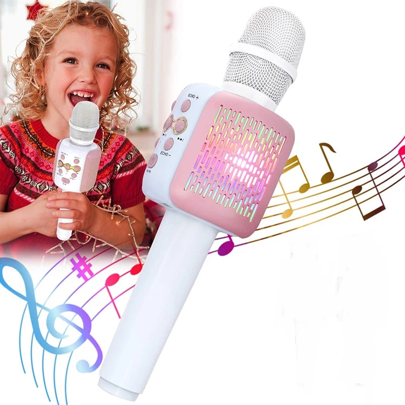 Micrófono Musical para niños, micrófono de mano inalámbrico Bluetooth, con reproductor MP3 con luz LED, reproductor de altavoz y micrófono