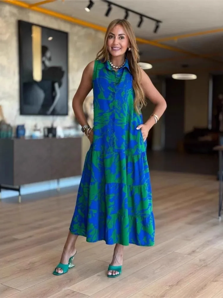 New Summer Fashion V-neck Sleeveless Print Boho Dress Women's Elegant Casual Loose Beach Party Holiday Dresses Robe Femme