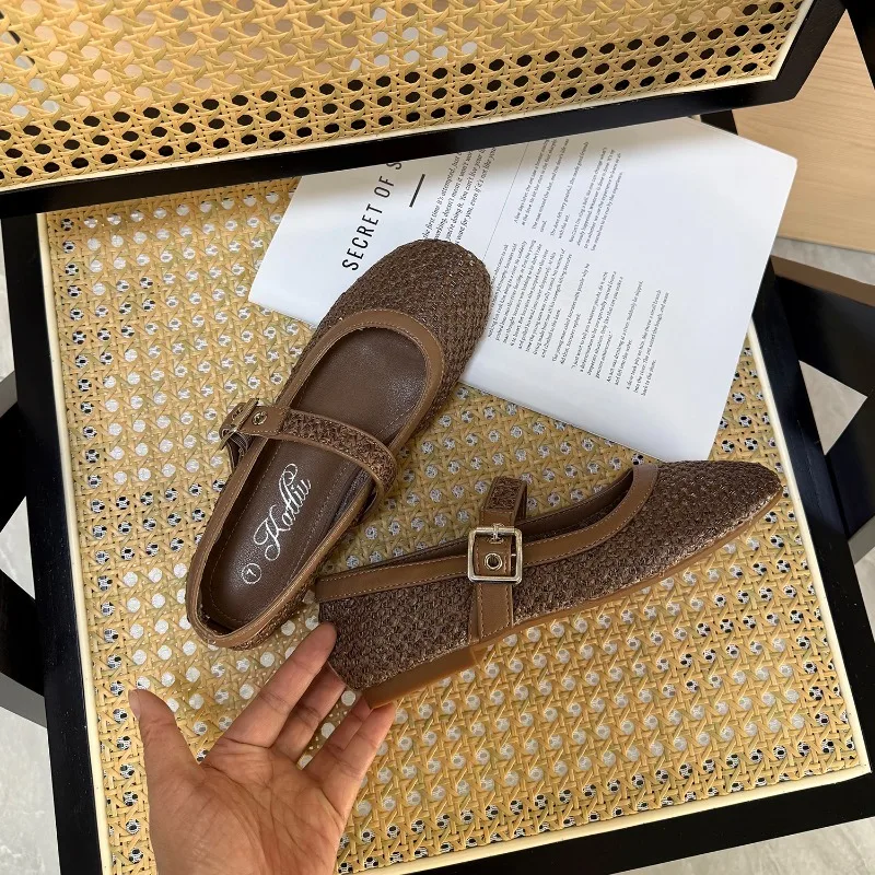 Weave Hollow Out Mary Janes Shoes Women Round Toe Breathable Summer Ballet Flats Shoes Ladies Buckle Strap Shallow Loafers New