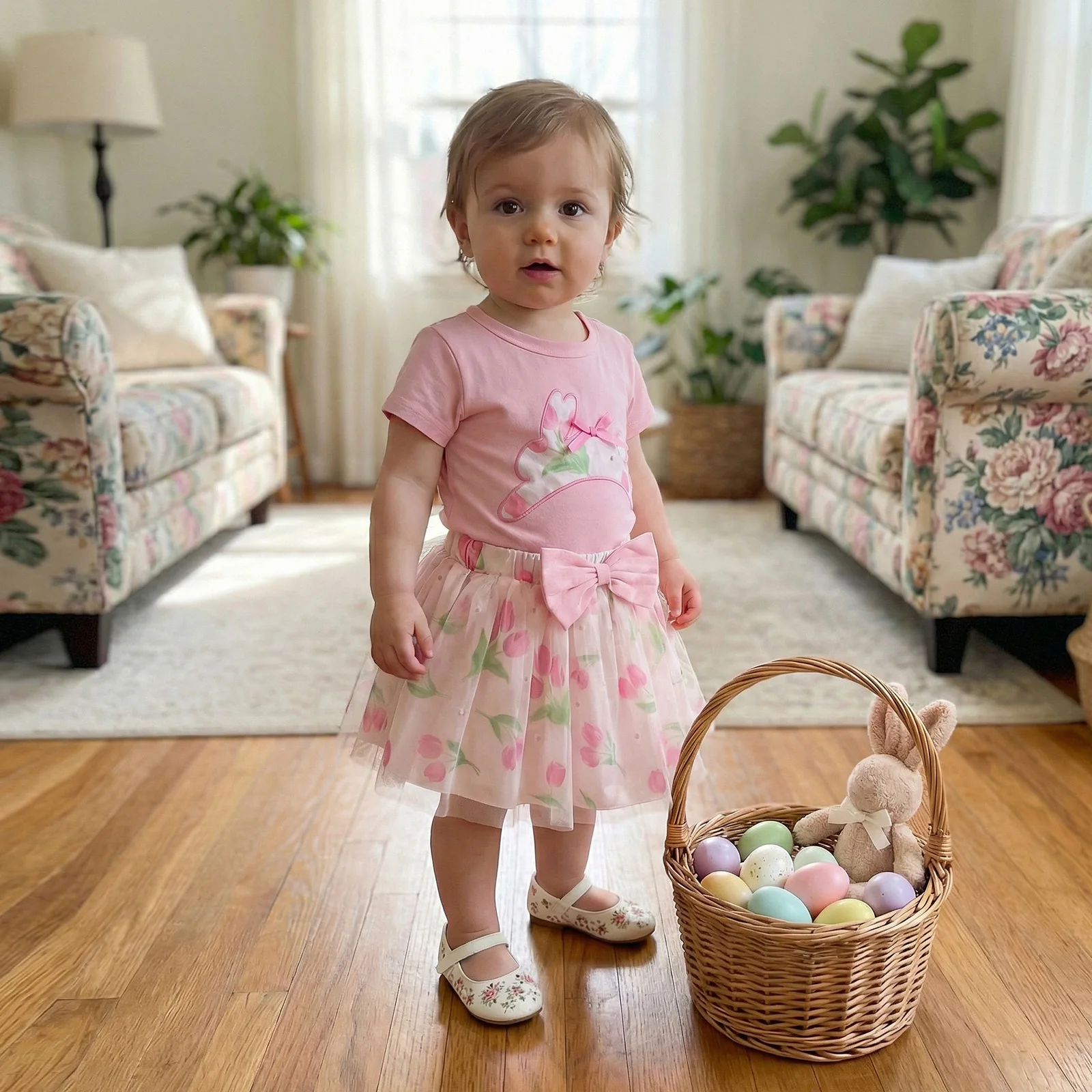 Toddler Baby Girls Easter Outfit Cute Bunny Embroidery Short Sleeve Tops with Floral Skirt 2Pcs Clothing Set 12M--5T view 5