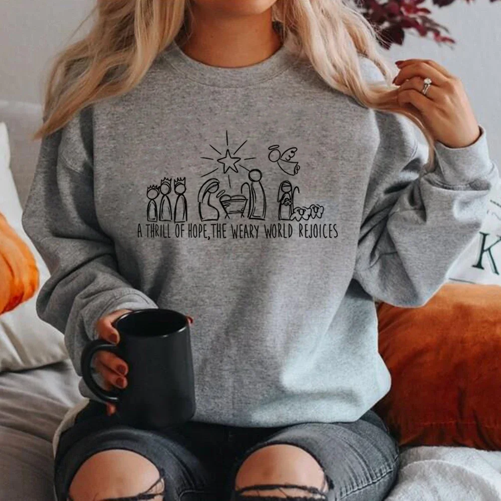 Christian Christmas Sweatshirt Nativity Scene Sweater Christmas Nativity Hoodie Women Sweatshirts Jesus Pullover Religious Gifts