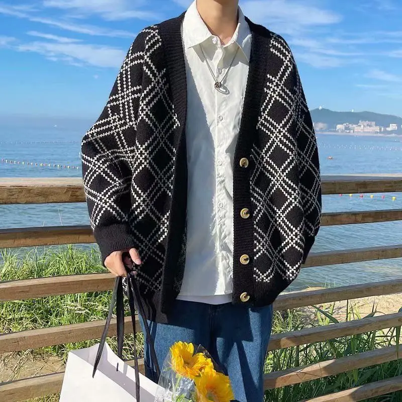 

Гонконгский стиль Ins, кардиган, свитер, мужская корейская версия, модная верхняя одежда, свободный свитер с длинными рукавами, свитер, верхняя одежда