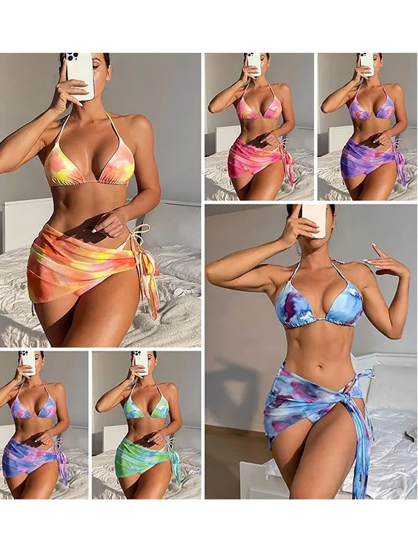 

Korean Sle 2023 Women's Bikini Tee-Piece Skirt Sle Dyed Outfit V-Ne Polyester Swimsuit with Chest Pad No Steel Support